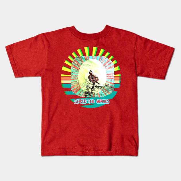 Shred the Waves (female surfer ocean surf) Kids T-Shirt by PersianFMts